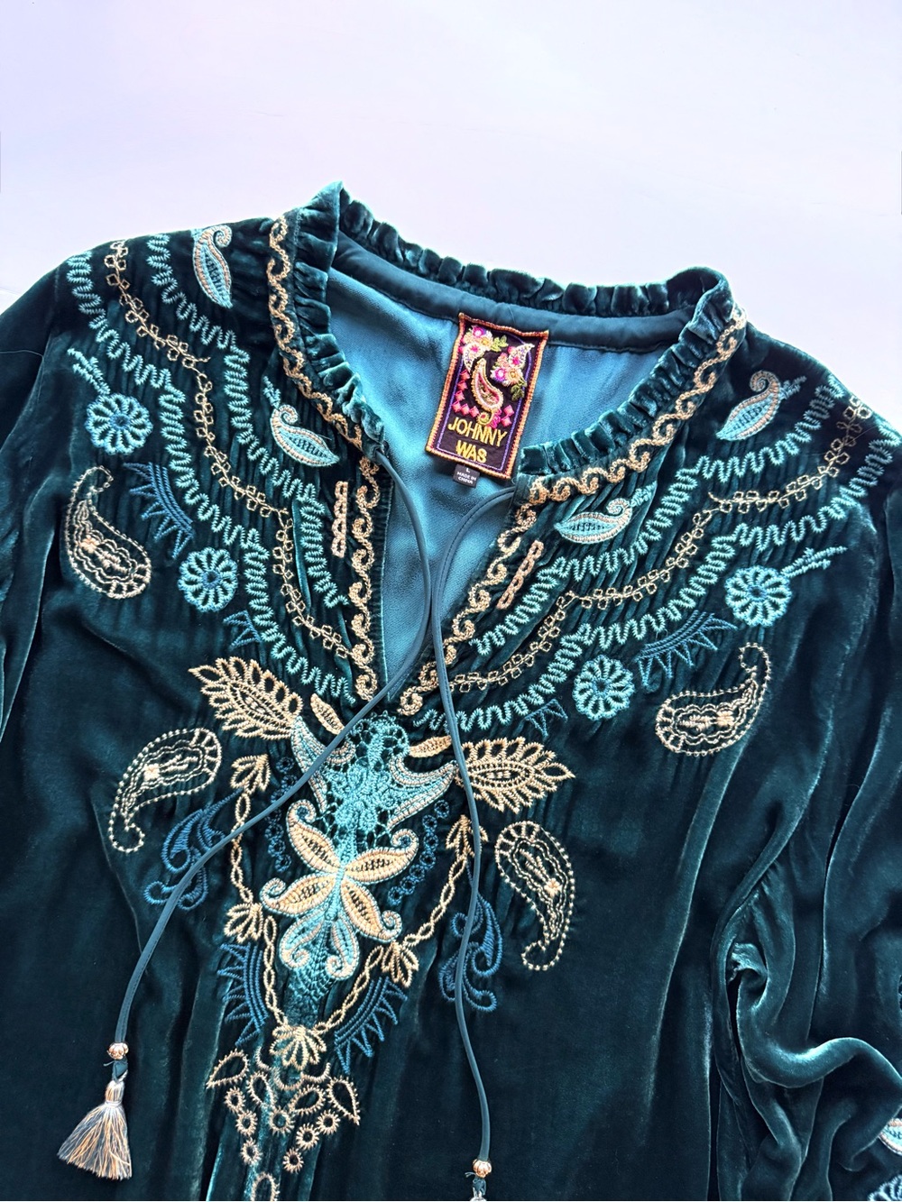 Johnny Was Shira Velvet Field Blouse Peacock Teal Blue Green L $348 - Picture 6 of 15